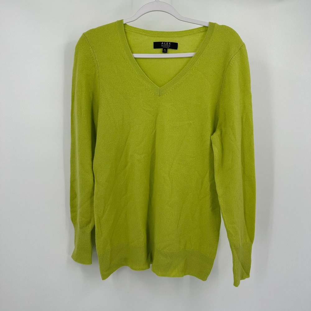 Alex Marie Womens Quiet Luxury Chartreuse Cashmere Sweater Size XL Preppy Bright